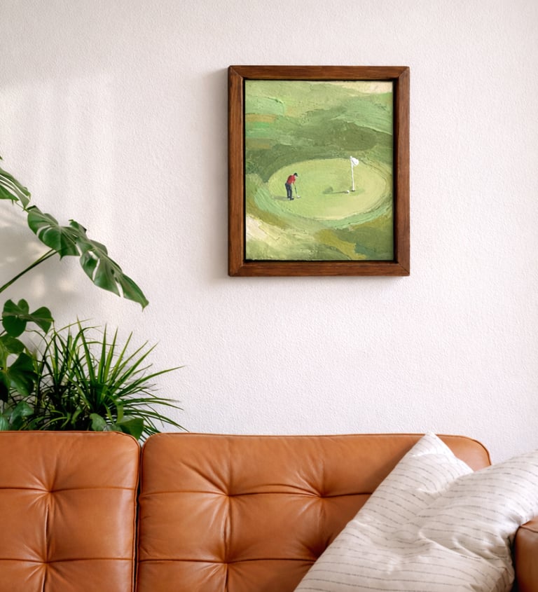 Made to order golf painting displayed in private collectors home above leather couch.