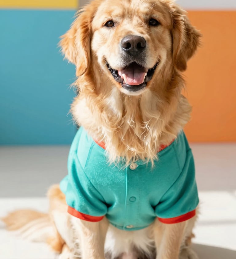 Un golden retriever feliz con una elegante camiseta para perros de color turquesa.