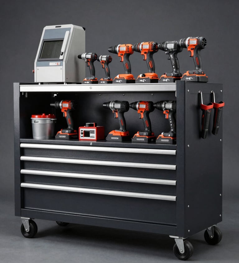 A well-organized industrial tool rack featuring high-end professional power tools and machinery supplies. Clean engineering presentation with dark slate and cool gray backdrop, sharp photography.