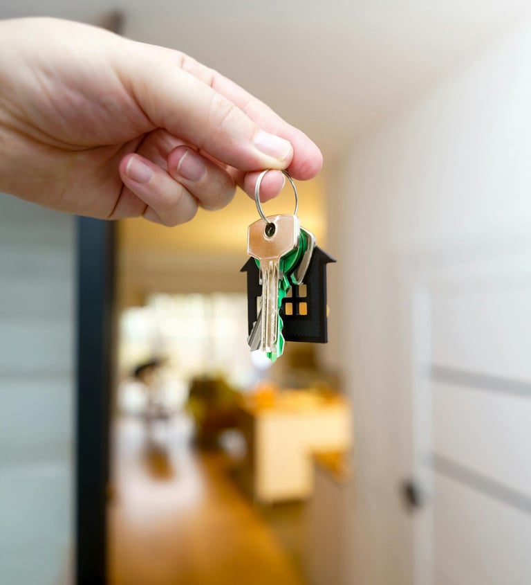 une personne tenant un porte-clés avec une clé de maison