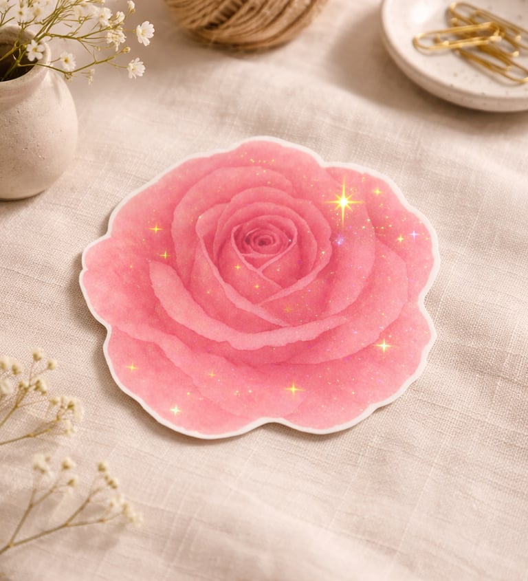A pink rose sticker with sparkles on a beige linen surface with floral accents.