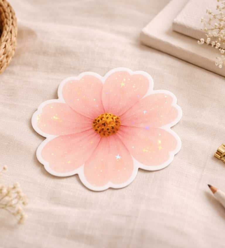 Hand-painted watercolor floral sticker sheet featuring soft blush pink flowers, muted sage green lea