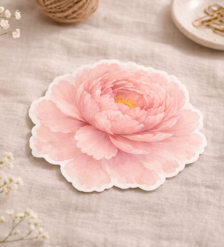 A pink watercolor peony flower sticker on beige linen fabric with white baby's breath flowers.