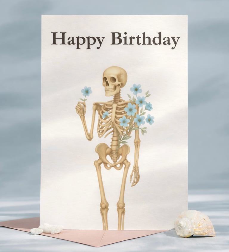 A gothic Happy Birthday card featuring a human skeleton holding blue flowers on a white background.