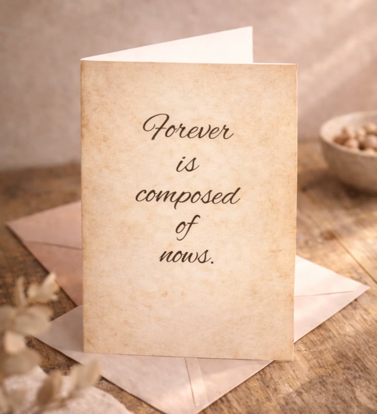 Vintage-style greeting card with inspirational quote on a rustic wooden table with envelope.