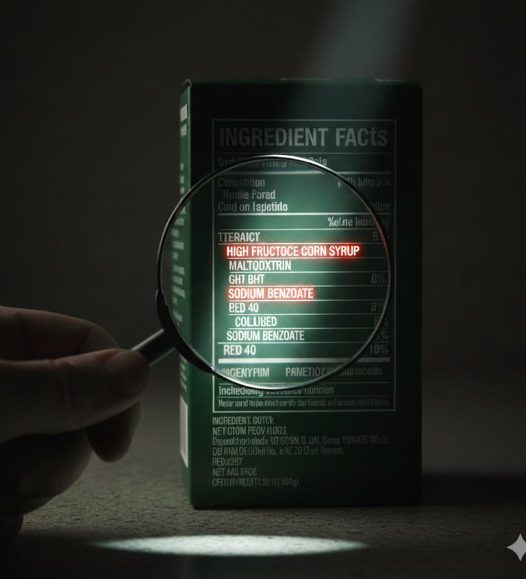 Magnifying glass highlighting High Fructose Corn Syrup, Sodium Benzoate, and Red 40 
