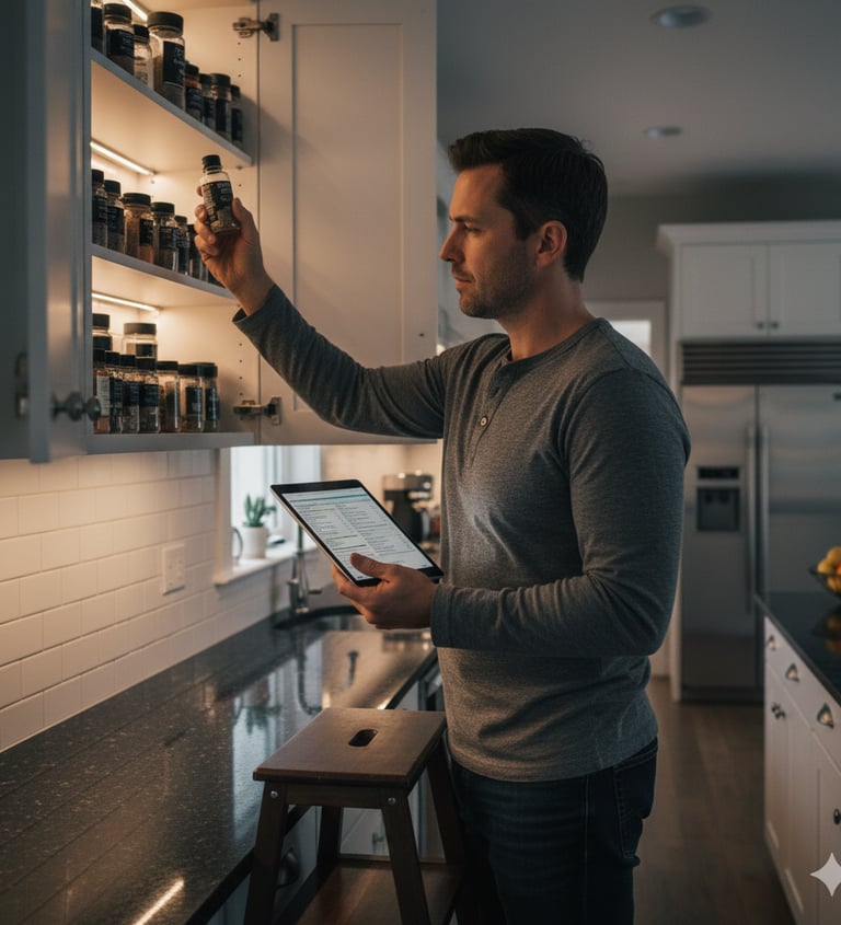 Man in kitchen using tablet, meal planning, reaching for herbs and spices to prepare whole foods