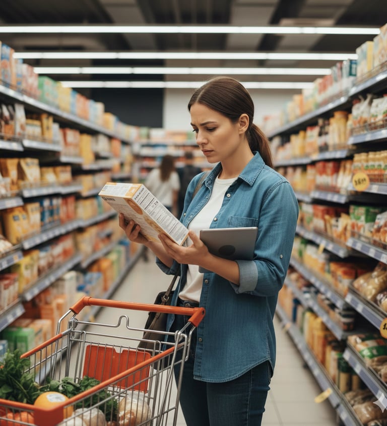 Woman reading nutrition label on packaged food box in grocery store avoiding ultra-processed food.