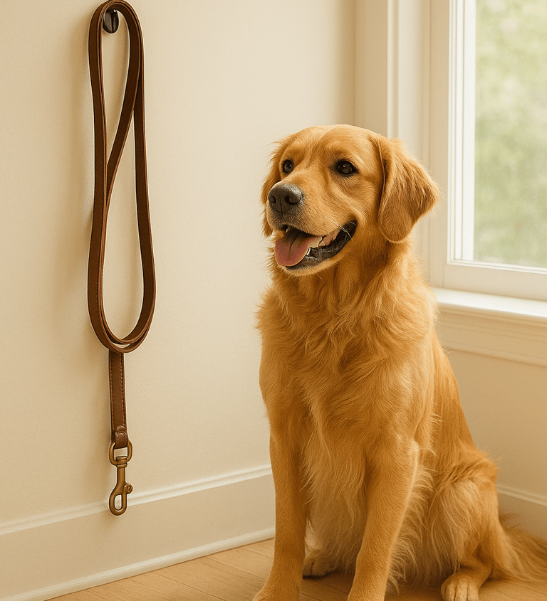 Calm golden retriever sitting by window with leash nearby, representing dependable pet care