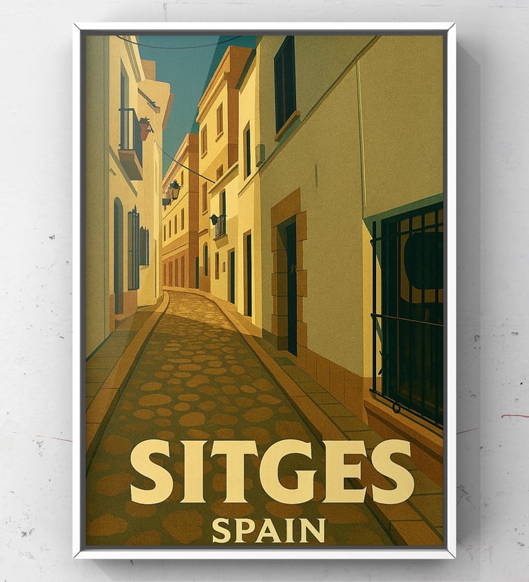 Vintage Sitges, Spain Old Town Street Poster | Travel Art Print