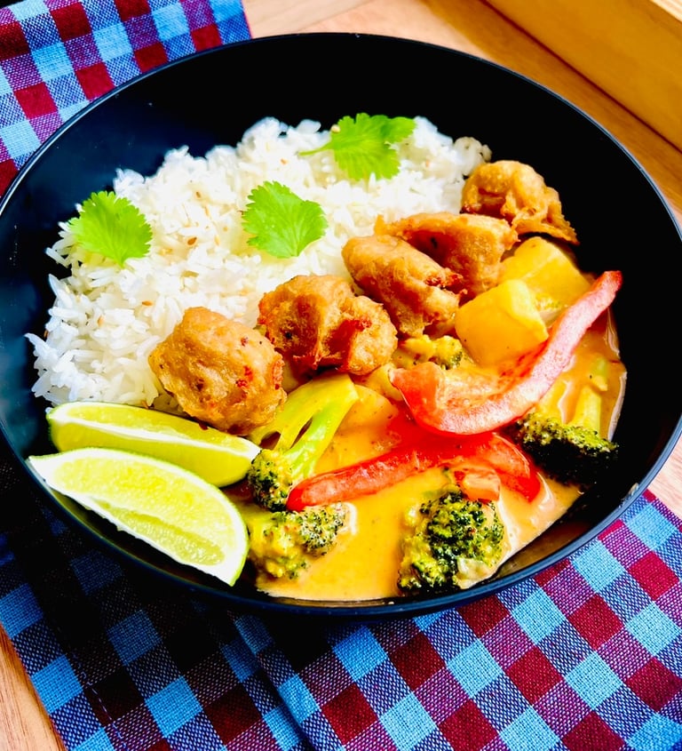 A vibrant red curry sauce envelopes crispy popcorn chicken, blending bold Thai spices with herb