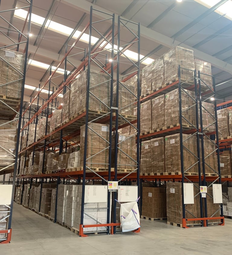 tall pallet racking in narrow aisle configuration with rack end protectors  