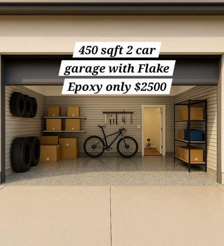 Promotional image for 2 car garages featuring flake epoxy flooring with a $2.500 offer 450 sqft