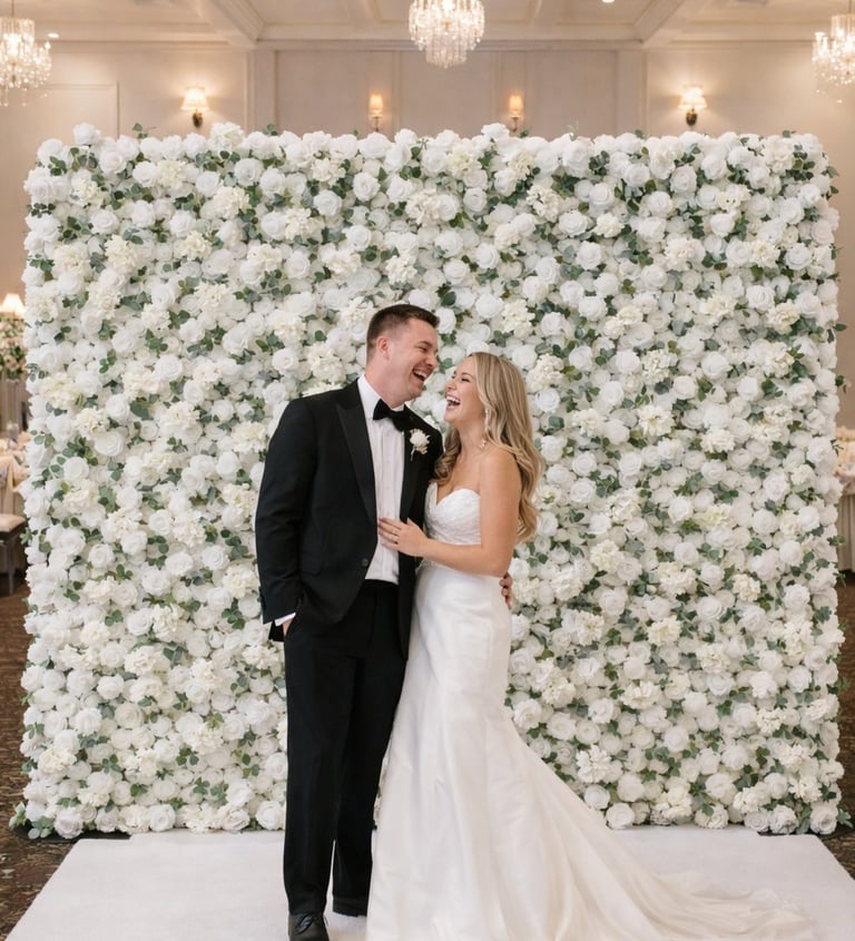 White elegant fabric flower wall with Happy Birthday neon sign rental in Minneapolis, MN