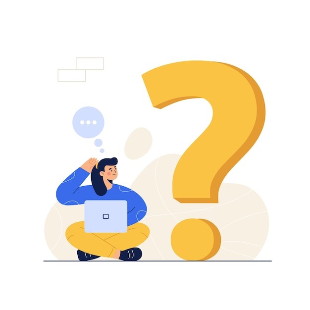 a man sitting on a chair with a question mark on his laptop