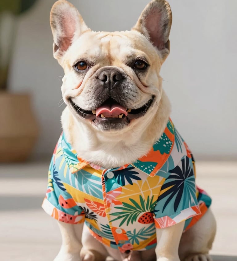 Buldog francés sonriente con una camiseta hawaiana de estampado colorido de hojas de palma tropical