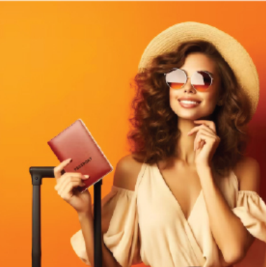 a woman in a hat and sunglasses holding a passport case
