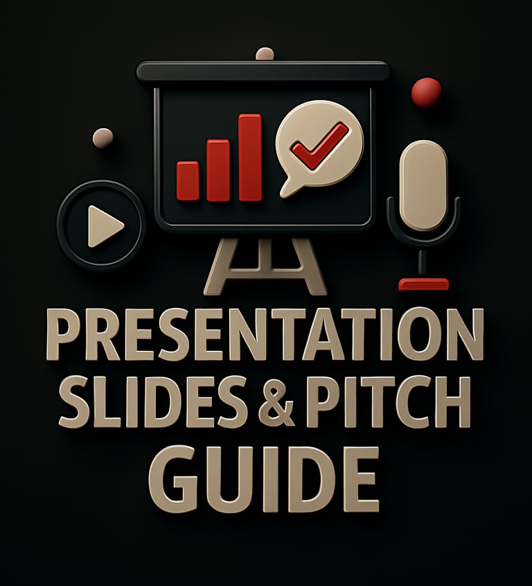 Presentation board with chart, checkmark speech bubble, play button and microphone icons above the t