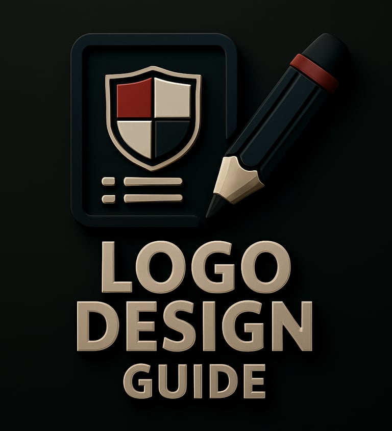 Shield on document and pencil icon above the text ‘Logo Design Guide
