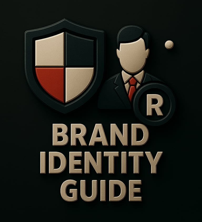 Shield icon, suited person, and registered trademark symbol above the text ‘Brand Identity Guide