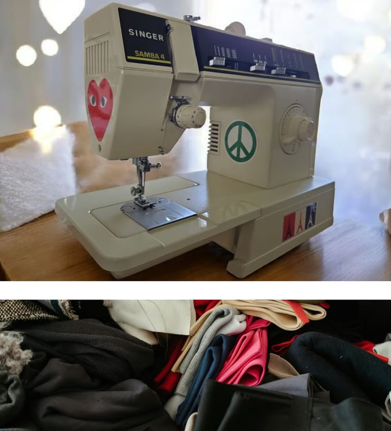 Ancienne machine à coudre transmise et tissus oubliés, symboles du déclic créatif d’UP2MEL