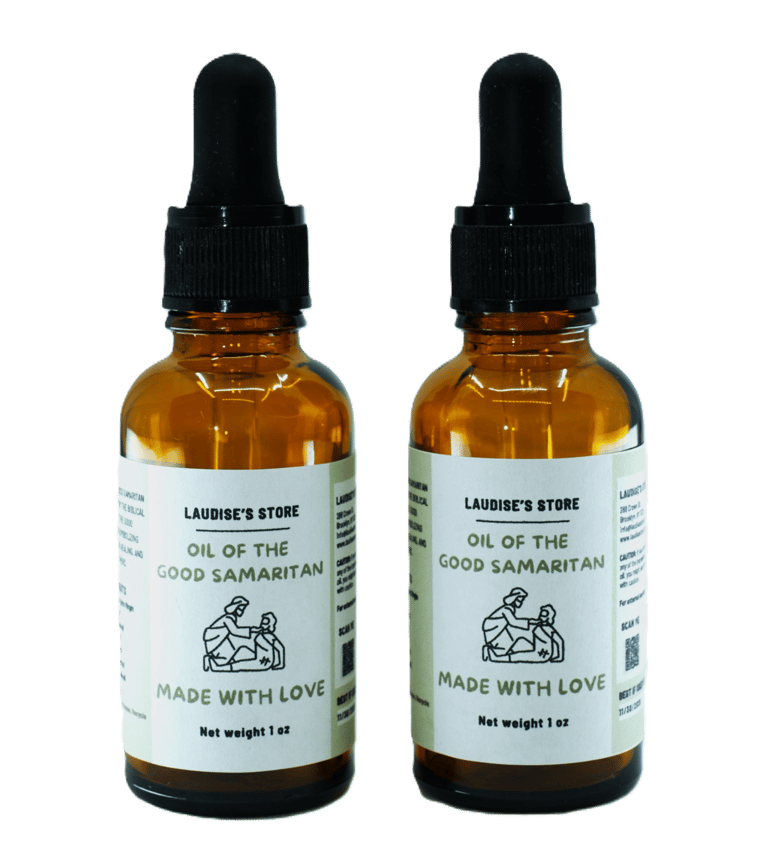 Two one-ounce bottles of good Samaritan oil standing side by side