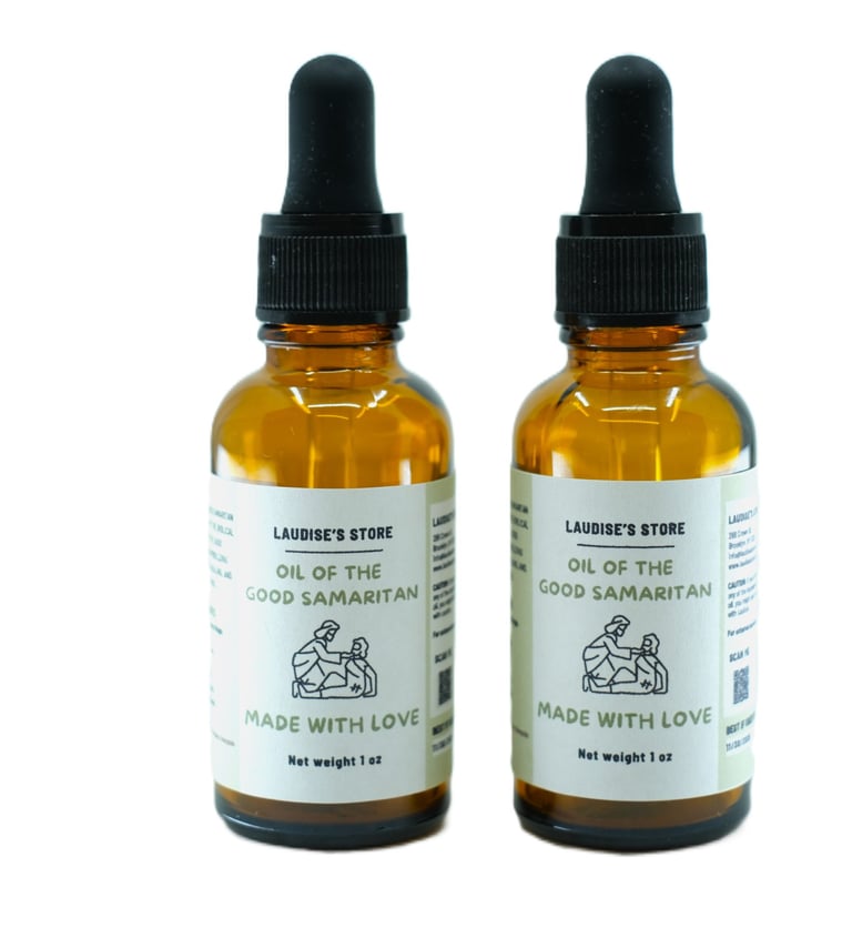 Two 1-oz bottles of oil of the good Samaritan oil.