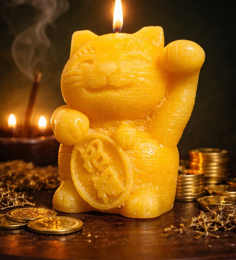 Esta vela representa el ritual del gato de la fortuna