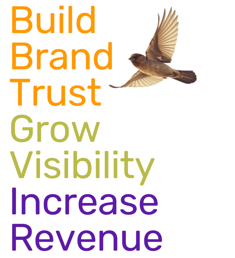 image of sparrow soaring, with text build brand trust, grow visibility increase revenue
