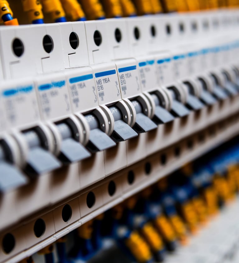 A row of miniature circuit breakers