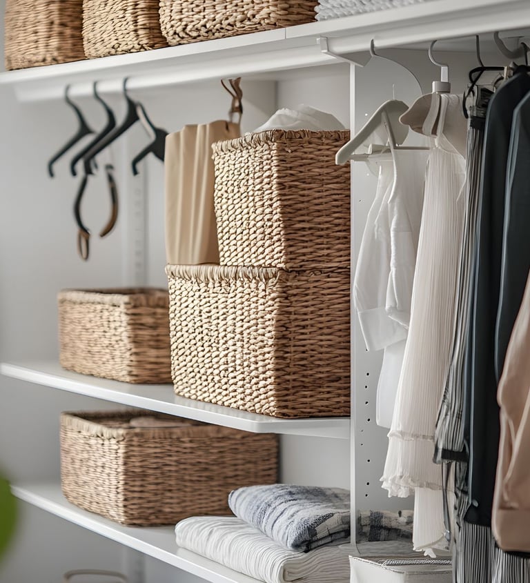 Dressing organisé avec des paniers et des vêtements sur cintre
