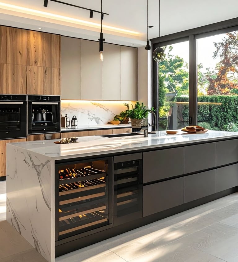 Cuisine moderne ouverte sur un jardin bien organisée et rangée