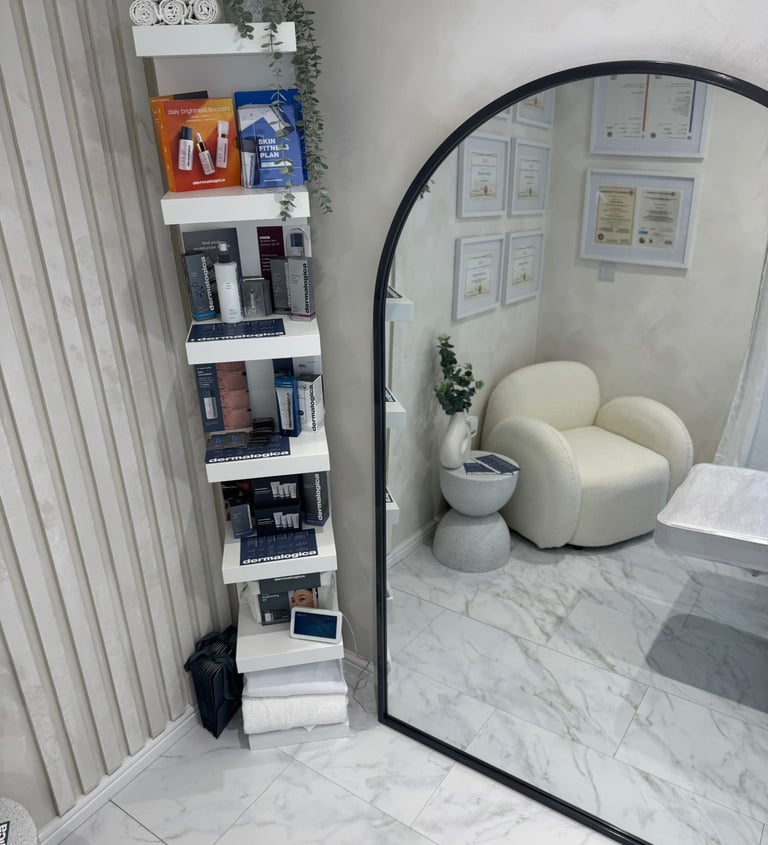 inside of beauty clinic showing clean boutique space and beauty products