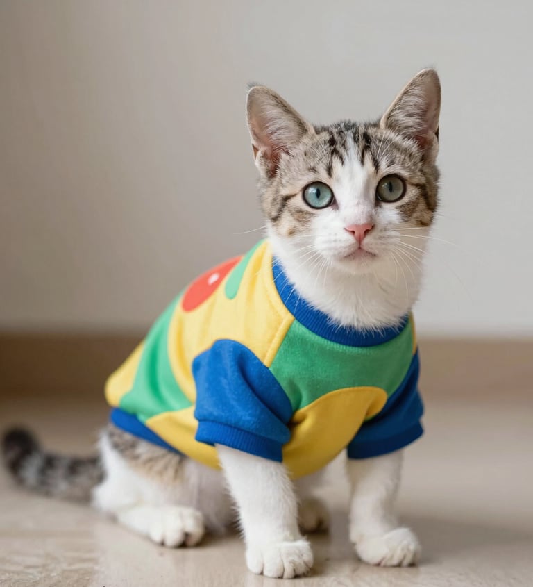 Gatito blanco con ojos azules y camiseta de colores