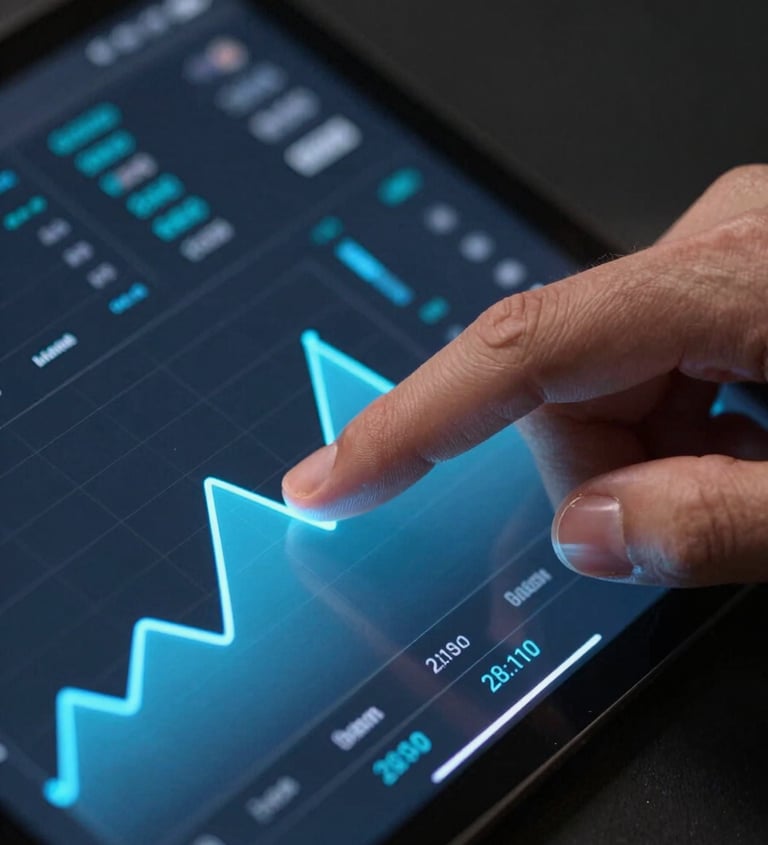Macro close-up of a trackpad hand navigating a campaign analytics interface, cool studio lighting, dark background, neon blue graph lines reflecting on fingertips, sharp focus on screen data