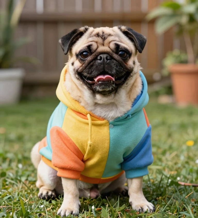 Un adorable perro pug sentado en un jardín con césped, vistiendo una sudadera con capucha de colores