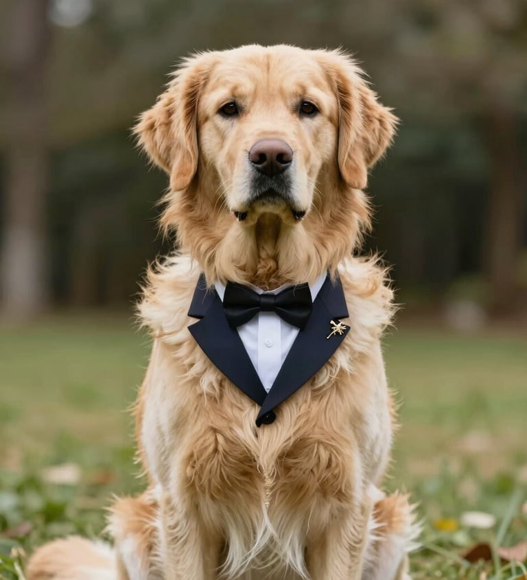 Un perro de raza golden retriever, vestido con un esmoquin negro y una pajarita, sentado en un prado