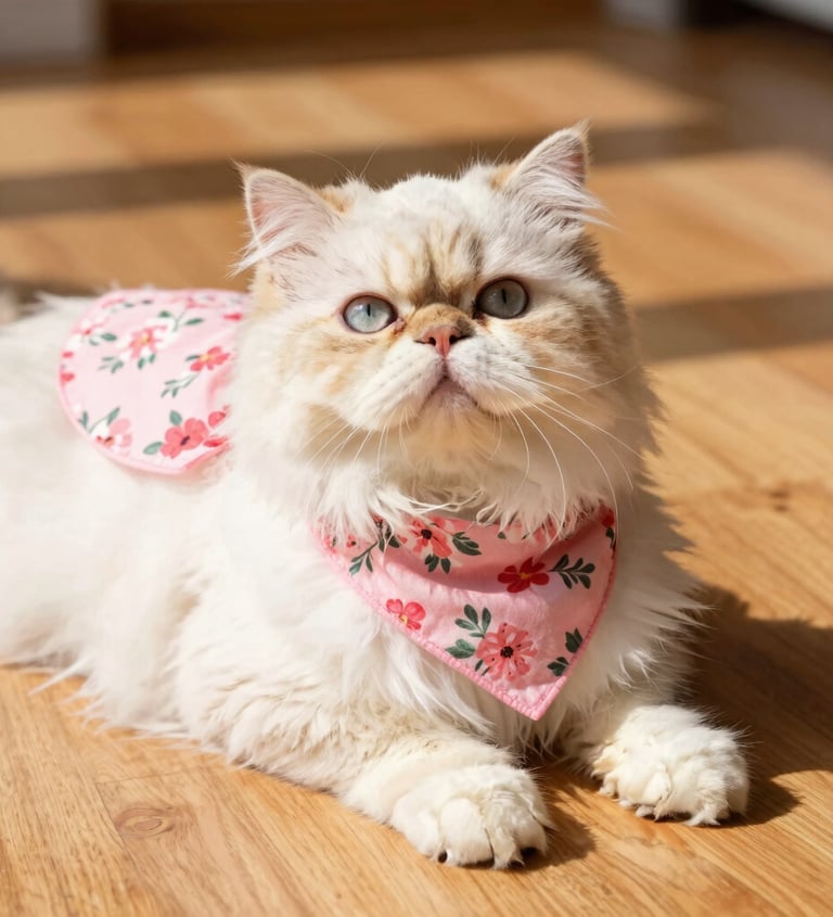 Un gato persa blanco y esponjoso, con un pañuelo rosa con estampado floral y un arnés, descansanso