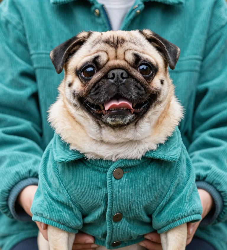 Un perro pug feliz que lleva una chaqueta de pana color turquesa a juego con el abrigo de su dueño.