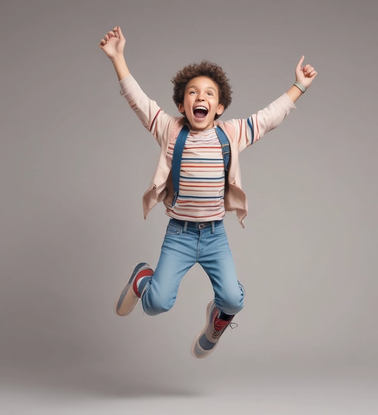 a young boy jumping in the air with his hands up in the air