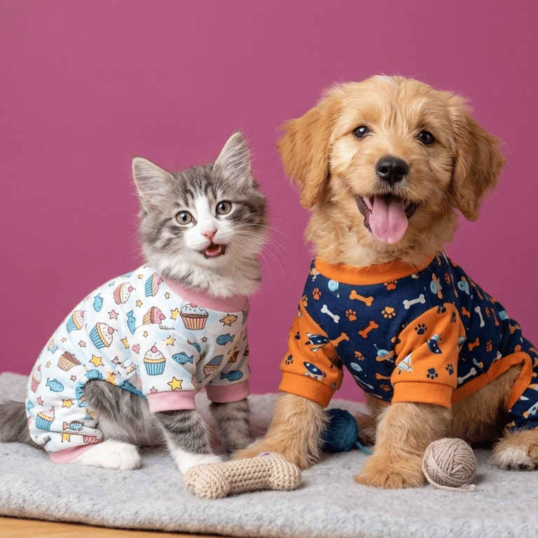 Un gatito adorable y un cachorro de golden retriever con coloridos pijamas para mascotas.