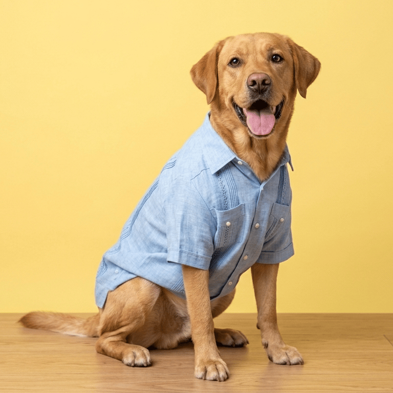 Un alegre labrador retriever dorado con una camisa azul abotonada, sentado sobre un fondo amarillo.