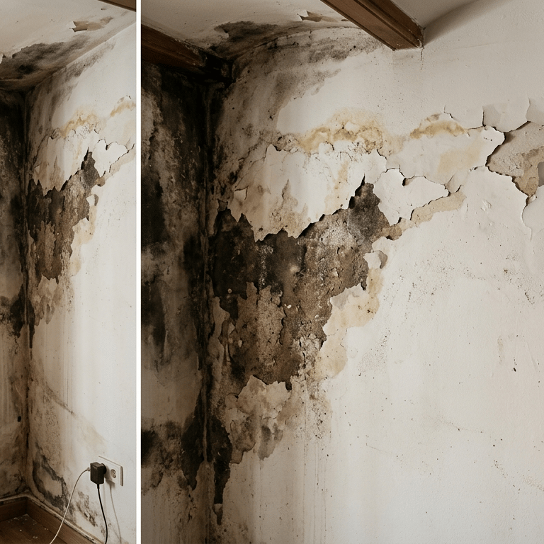 Humedad por filtración en pared interior con moho y manchas de agua