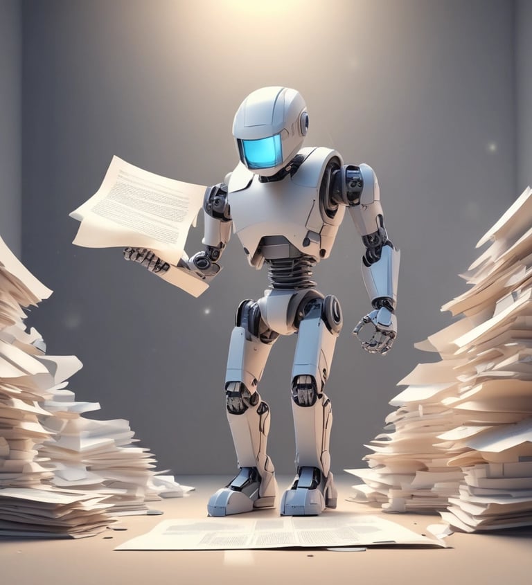 White AI robot sorting through large stacks of paper documents for data processing automation.