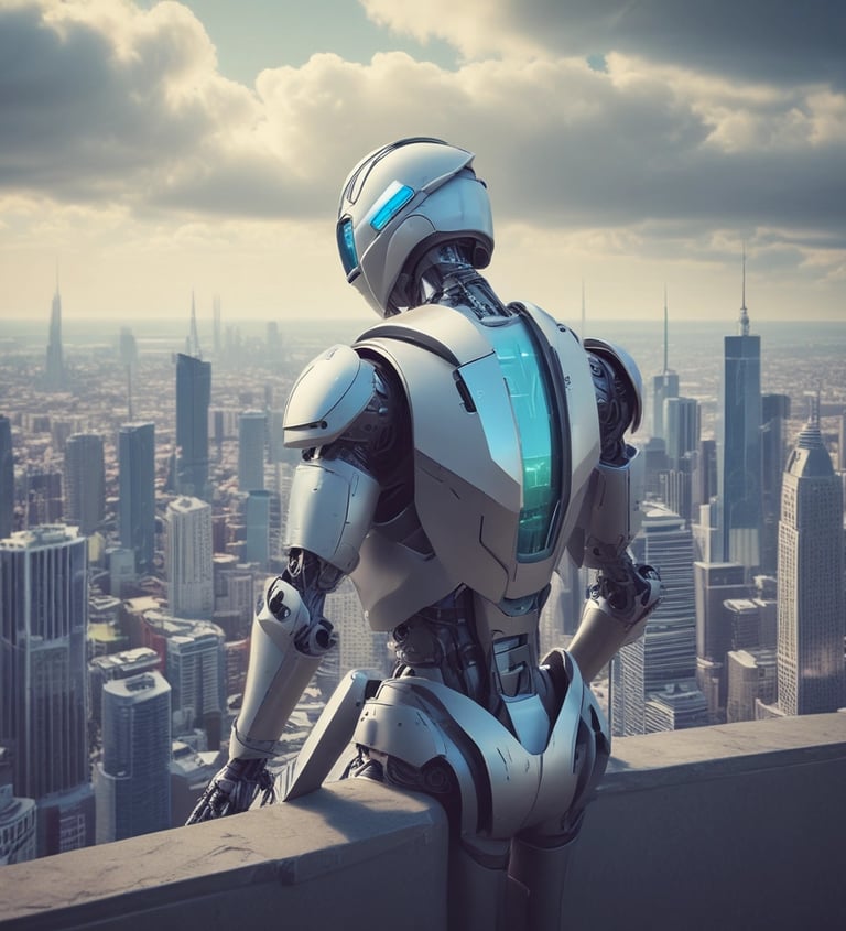 A futuristic silver humanoid robot overlooking a modern city skyline with skyscrapers from a rooftop ledge.