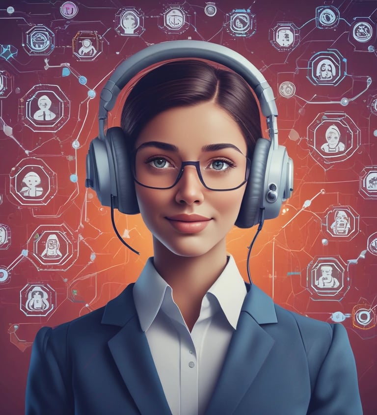 A customer service representative wearing a headset against a digital backdrop of connected user profile icons.