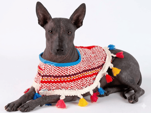 Un perro xoloitzcuintli (perro sin pelo mexicano) que lleva un poncho colorido con estampado y borla