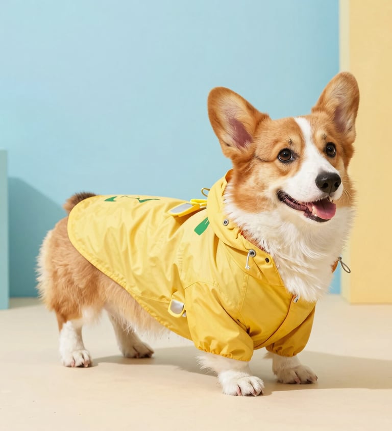 Un adorable Pembroke Welsh Corgi que lleva un impermeable amarillo con capucha para perros.
