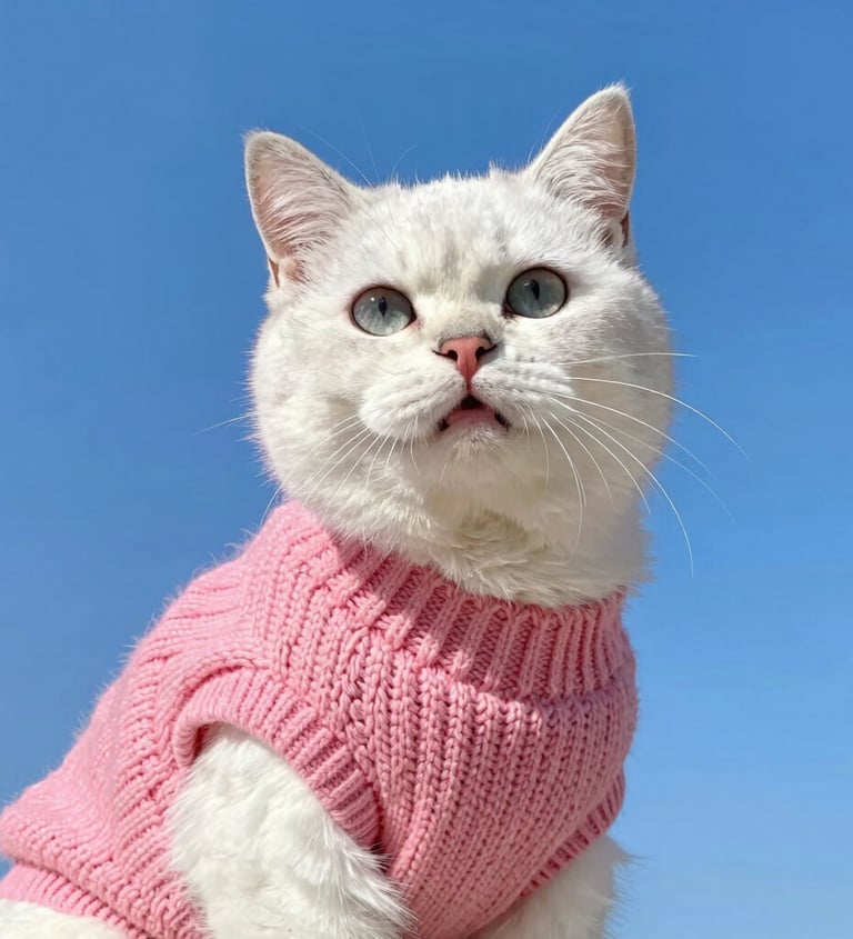 Un gato blanco de ojos azules con un jersey de punto rosa sobre un fondo de cielo azul claro.