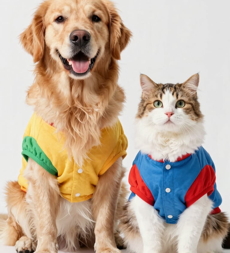 Un golden retriever y una gata de pelaje esponjoso están sentados, vestidos con coloridas prendas